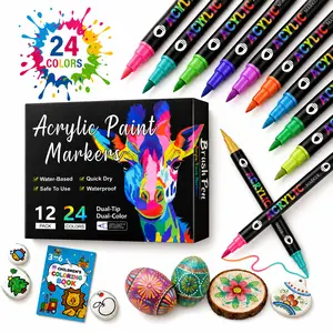 Dual Tip Acrylic Paint Pens with Bonus Coloring Book, 12 Double Ended Markers Offering 24 Vibrant Color Combinations for Coloring, Rock Painting, Wood, Ceramic, Glass & DIY Crafts