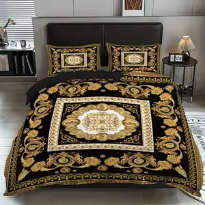 Luxury Baroque Black Gold Bedding Set 3Pcs (1 Duvet Cover + 2 Pillowcases), Vintage European Style Printed Soft Comforter Cover, Bedroom Decor