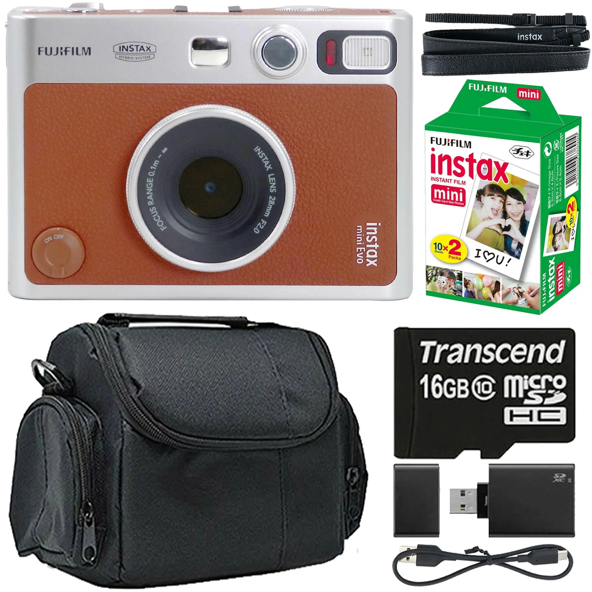 FUJIFILM INSTAX MINI EVO Hybrid Instant Camera (Brown) + Fujifilm 2x10 Film Mini Instax Film Pack + BePro BC-1 Case (Small) + 16GB Transcend MicroSD Memory Card with Adapter + Memory Card Reader