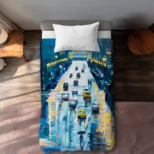 Begin Home Decor C1DCTXLWCERKE8 Rainy Streets of York Twin Size Extra Long Duvet Cover - Bedroom Decor