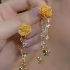 European Style Elegant Three-dimensional Long Tassel Flower Earrings, Retro Vibe Tulip Floral Jewelry DZEH4795