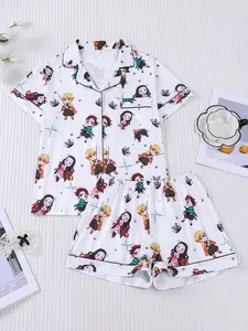 2-Piece Popular Anime Character Print Pajama Set - Cute Cartoon Style Short-Sleeve (Button-Up Collar + Pockets) - Soft and Comfortable Loungewear Home/Pajama Set Exclusively for Popular Anime Fans