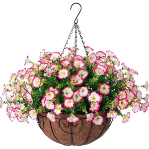 Artificial Hanging Plant with Basket, Faux Flower Basket, Outdoor Decorative Flower Basket, Fake Flower for Home Garden Party Wedding Decoration