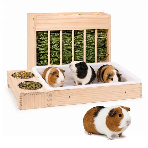 Dfang 3-in-1 Design Solid Wood Compact Unit Animal Feeding Supply - Generous Capacity Mess-Proof Bowl, Space-Saving Hay Feeder, Litter Box Tray for Chinchilla Small Pets