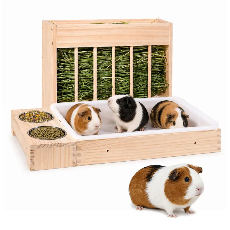 Dfang 3-in-1 Design Solid Wood Compact Unit Animal Feeding Supply - Generous Capacity Mess-Proof Bowl, Space-Saving Hay Feeder, Litter Box Tray for Chinchilla Small Pets