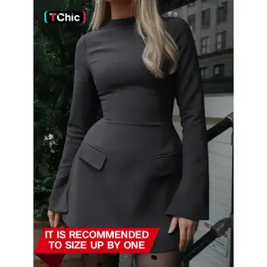 Women's Crew Neck Long Sleeve Knitted Bodycon Fit Dress, Elegant Solid Color Hip-hugging Short Dresses for Spring, Womenswear