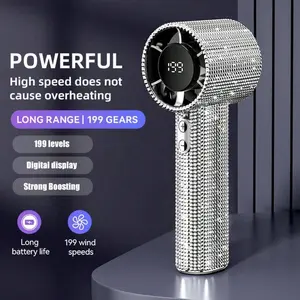 Full Diamond Luxury Craftsmanship Portable Handheld Turbo Fan, 3 Gear Wind, Rechargeable Long Battery Life Hand Fan With Digital Display For Outdoor Activities, Travel, Office,Wonmen's gift