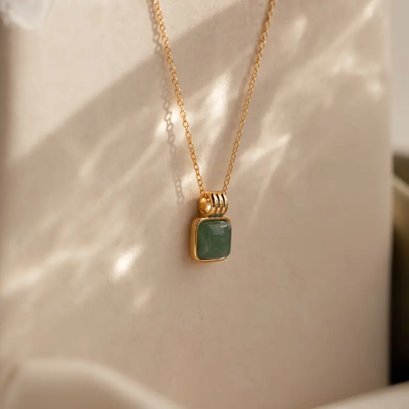 Jade Pendant Necklace by Caitlyn Minimalist - Vintage Style Green Gemstone Layering Necklace - Minimalist Square Jade Pendant Necklace - Gift for Her