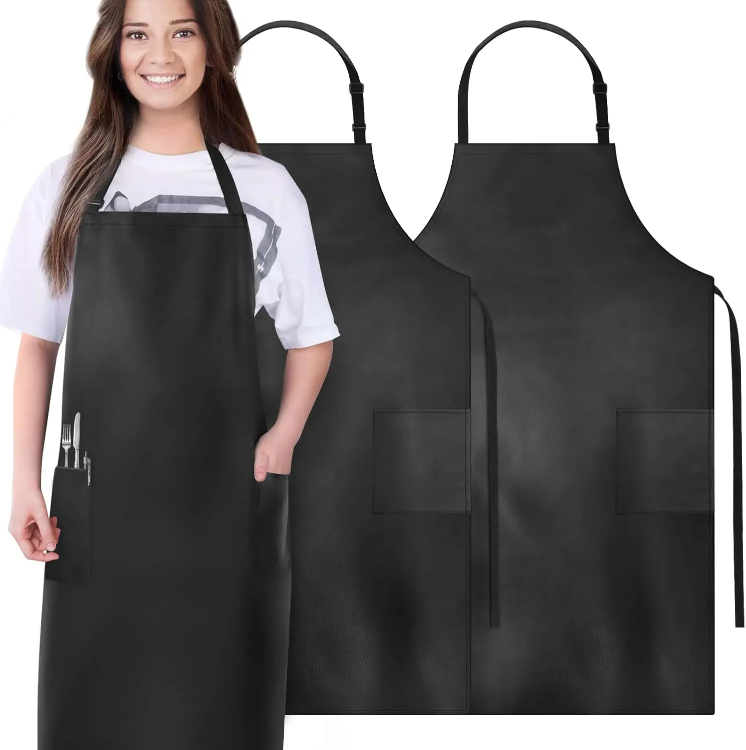 2 Pack Aprons for Men Women with Large Pockets, Waterproof Rubber Vinyl Apron 40 Inch Heavy Duty Chef Apron Black Adjustable Work Apron for Dishwashing Kitchen Cooking Drawing