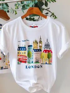 1 Women's London Landmarks Short Sleeve Shirt - Iconic Landmark Print Round Neck Blouse-Compatible Top |   Machine Washable Washable White Blouse Style Shirts Suitable for Travel & Casual Attire, Spring Summer Wardrobe Essential