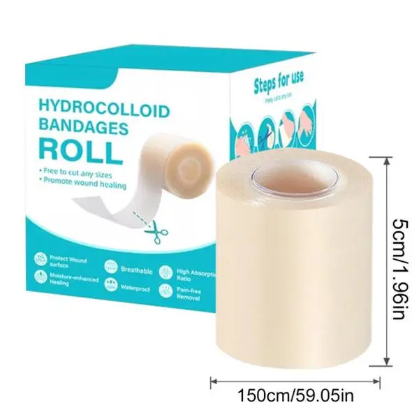 Hydrocolloid Bandage Roll (1.96in x 60in/1.5M) - Cuttable, Portable, Gentle Hydrocolloid Plasters & Dressing Supplies for Daily First Aid, Blister Healing, Acne Treatment, Waterproof Barrier Shields Wounds