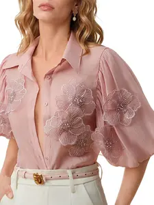 Women's Elegant Floral Applique Blouse, Perfect for Romantic Valentine's Day, Ideal for Summer Holidays, Stylish and Comfortable