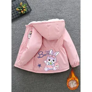 Girls' Casual Cartoon Fox & Rabbit Print Hooded Parka Coat - 100% Polyester, Non-Stretch, Zipper Closure, Long Sleeve, Conventional Fit, Woven, Hooded Collar, No Belt, Fall/Winter Outerwear, Thick(Sheets)