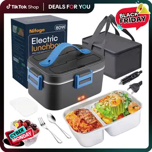 Nifogo Electric Lunch Box 80W 1.5L Portable Food Heater with Tableware Fork Spoon & Lunch Bag for Home Office Travel Quick Heating Stainless Steel - 80W/1.5L/Black+Black