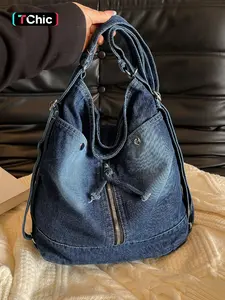 Large Capacity Rivet Decor Bag, Casual Fashion Shoulder Crossbody Bag, Denim Shoulder Purse, Suitable for Daily Use, Work, Commuting, Shopping, Dual Strap