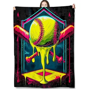 Neon Softball Skull Art Throw Blanket Gifts for Kids Women, Softball Player Blankets for Home, Couch, Bedroom, Living Room Decor, Fuzzy Warm Flannel Plush 50"x60"