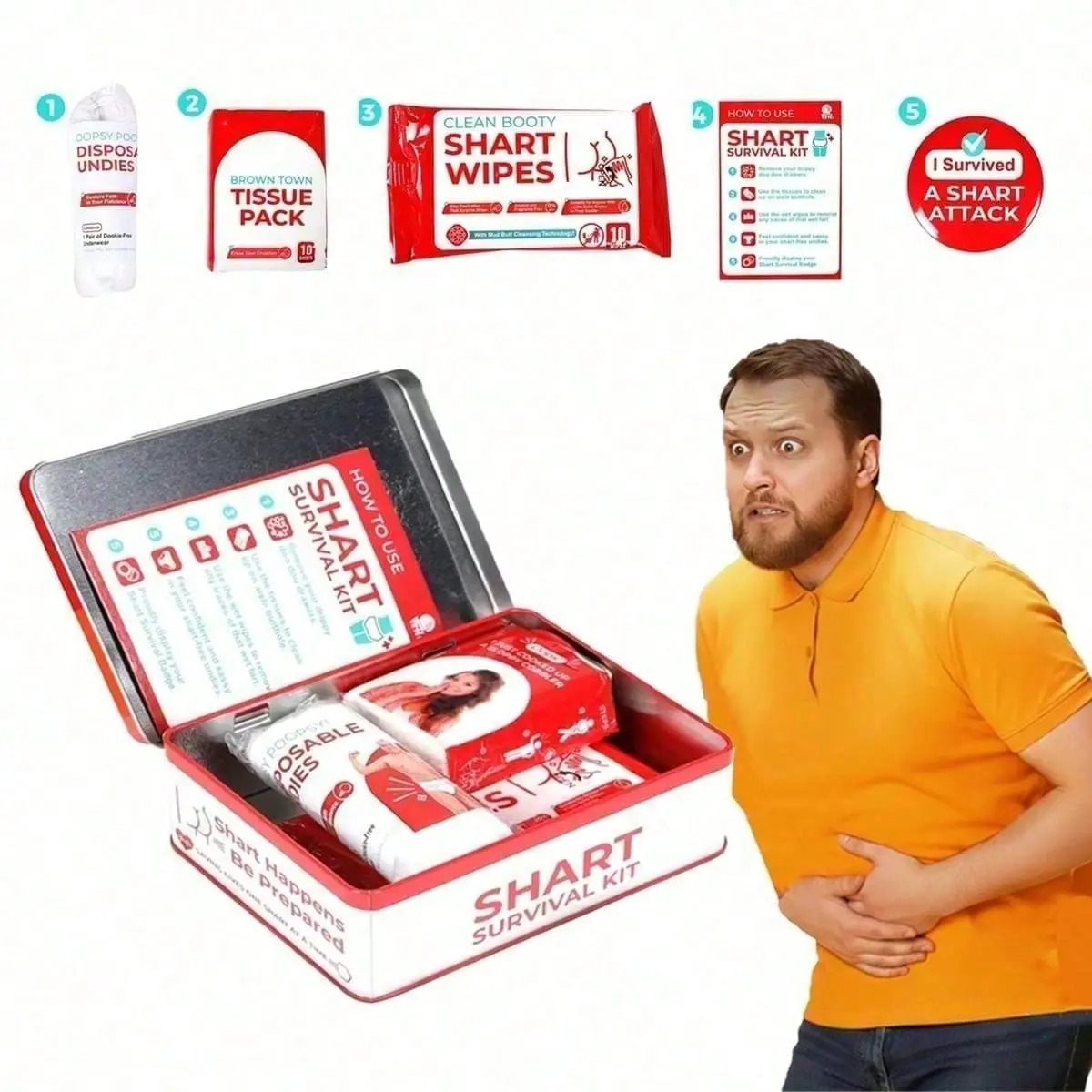 Shart Survival Set - Funny Gag Gift 2025 Boyfriend Gifts Includes Disposable Underwear, Wet Wipe And More! Unique Stocking Suffers For Men