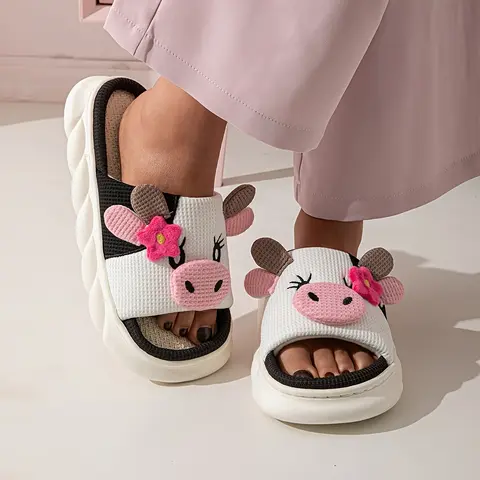 Cute Cow Womens Sandals-Cartoon Slippers,Casual Living Style and Non-Slip Fashion,Cute Flower Cow Linen Slippers Indoor Home Use Non-Slip Odor-Resistant Outdoor Thick-Soled Sandals Girl Footwear Slide Flipflop Parent Decor White slippers  women