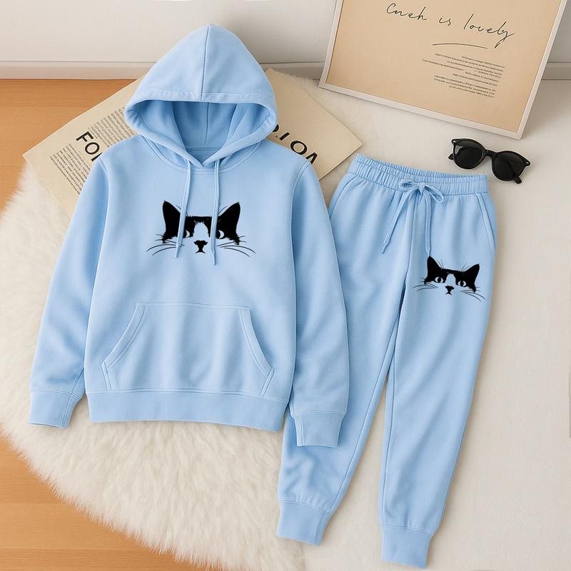 Women's Cat-Patterned Hoodie And Drawstring Track Pants Set, Casual Sportswear, Long-Sleeved Hooded Jacket And Pants, Suitable For Autumn And Winter, Everyday Wear, Indoor And Outdoor Sportswear, Sportswear Set, Casual Sportswear.