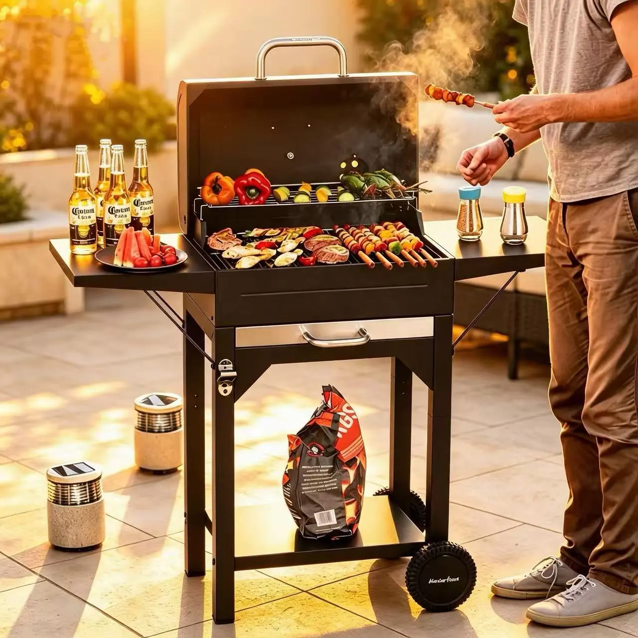 Charcoal Grill Heavy-Duty Portable Metal Frame Outdoor with Double Side Tables 332 Sq.in Cooking Area for Meat Smoking Backyard Parties Picnics Black
