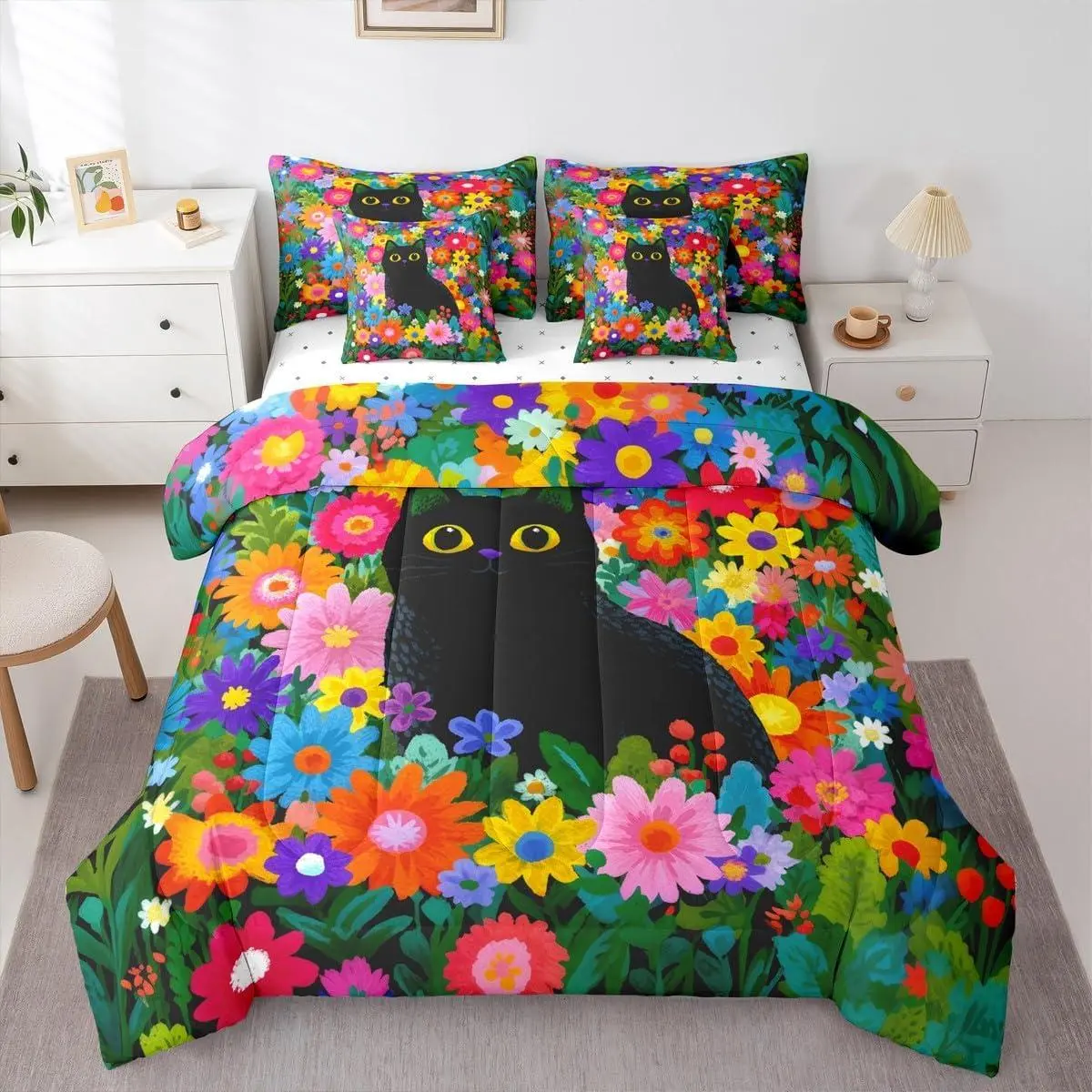 Colorful Floral Comforter Set with Sheets 7 Piece Black Cat Flowers Bed in A Bag Watercolor Elegant Flower Bedding Sets Women Men Retro Daisy Aesthetic Bed Set