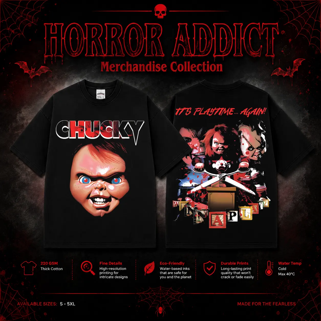 HORROR ADDICT Chucky Horror Graphic T-Shirt, Vintage Horror Movie Tee, Killer Doll Graphic Shirt, Unisex Black Streetwear T-Shirt, Halloween Horror Fan Gift, Retro Horror Apparel