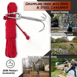 Heavy-Duty Grappling Hook with 32.8ft Nylon Rope - Versatile Outdoor Tool for Magnet Fishing & Tree Limb Removal, Includes Dual Carabiners