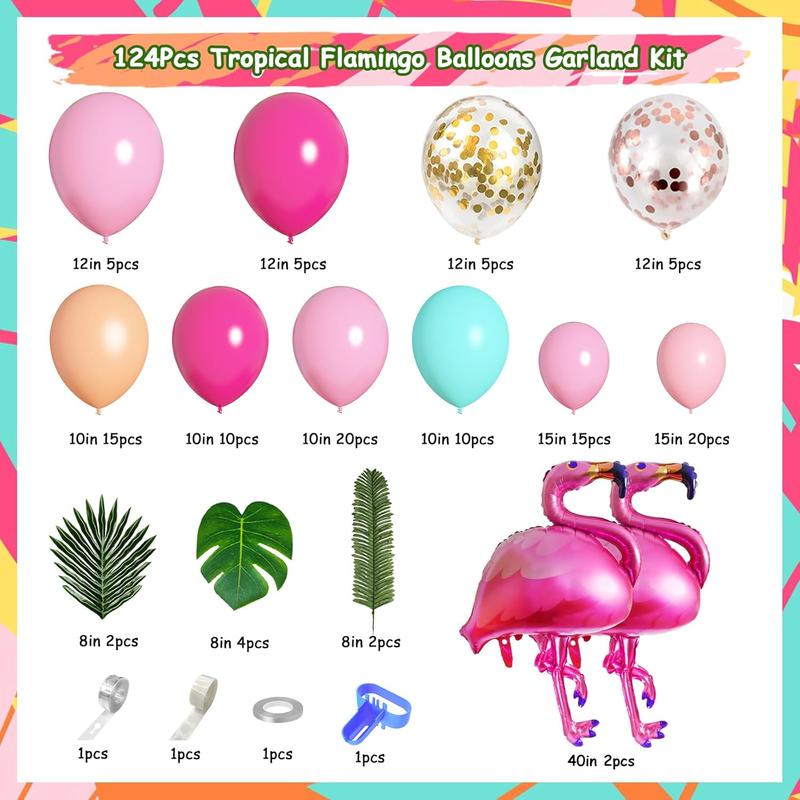 124Pcs Tropical Flamingo Balloon Arch Garland Kit 40" Flamingo Balloons Hot Pink Confetti Balloons Tropical Palm Leaves 4 Tools Hawaiian Luau Birthday Wedding Baby Shower Party Decorations Supplies Float