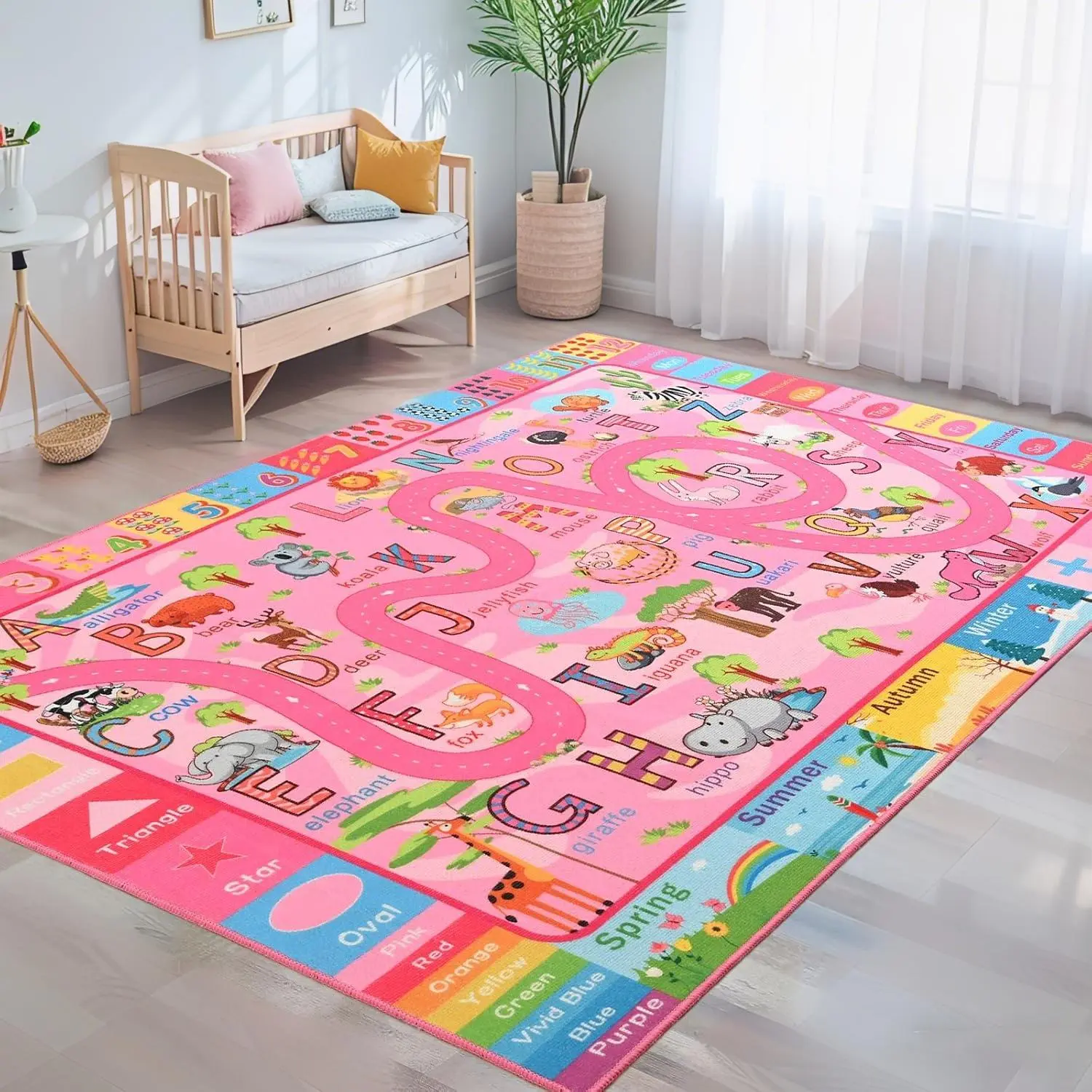 Kids Rug for Playroom, Educational Classroom Rug for Kids Room, Washable Nursery Rugs Non Slip Playroom Rugs Play Mat for Learning ABC Carpet, Numbers, Animal, Colors, Season, 3X5 Feet, Pink