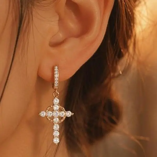 Gold-Plated Cross Dangle Hoop Earrings for Women, Gothic Cubic Zirconia Hollow Drop Jewelry with Precision Clasp for Concerts, Adults Birthday Gift, Hollow Cross, Gothic Look, Nickel-Free, Daily Wear, Female, Accessories For Women