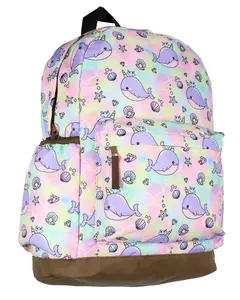 Narwhal Backpack Unicorn Of The Sea Allover Whale Design with Faux Leather Bottom Travel Daypack Bag 16"