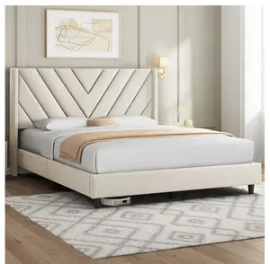 Upholstered Platform Queen Bed with Slat Support, Beige