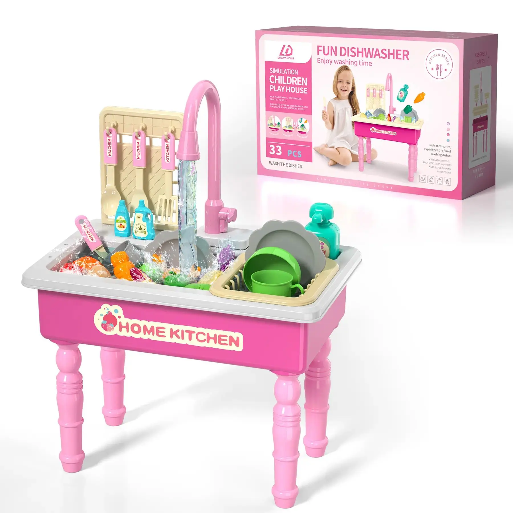 Toddler Play Kitchen Sink Playset - 33-Piece Kids' Household Toy with Auto-Water Cycle System, Realistic Sink & Faucet, Pretend Play Food, Vegetables, Cooking Tools, Dishwasher Furniture, Children's Playhouses Accessory, New Year Gift