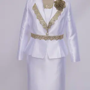 Elegant White Satin Dress with Gold Embroidery and Peplum Hem for Special Occasions