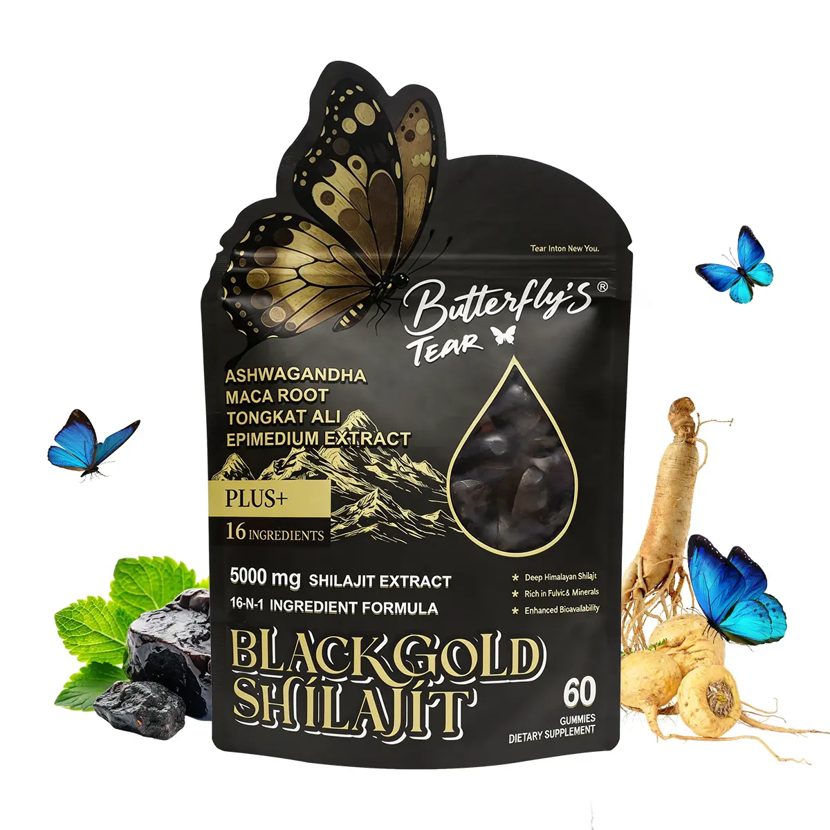 Butterfly's Tear Black Gold Shilajit Gummies 5000mg - 16-in-1 Advanced Formula with Ashwagandha, Maca Root, Tongkat Ali & Ginseng - Natural Energy, Stamina, Mood & Physical Performance Support - Sugar-Free, Non-GMO - 60 Gummies (30 Servings) tiktokshopspr