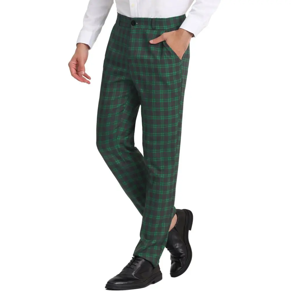 Lars Amadeus Menswear Plaid Regular Fit Formal Business Workout Dress Pants, Green-Navy, Polyester-Spandex Fabric, Zipper Closure, Size 32, Classic, Print