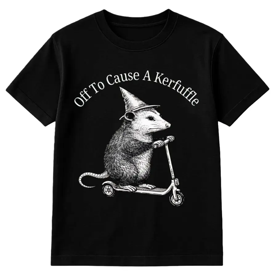 Women's Short-Sleeve Round Neck Streetwear T-Shirt - Funny Cartoon Style Opossum Scooter Design, Mental Health Sarcastic Humor Apparel, Animal Lover Valentine's Day Gift, Deconstruction Details, Hand Wash Friendly