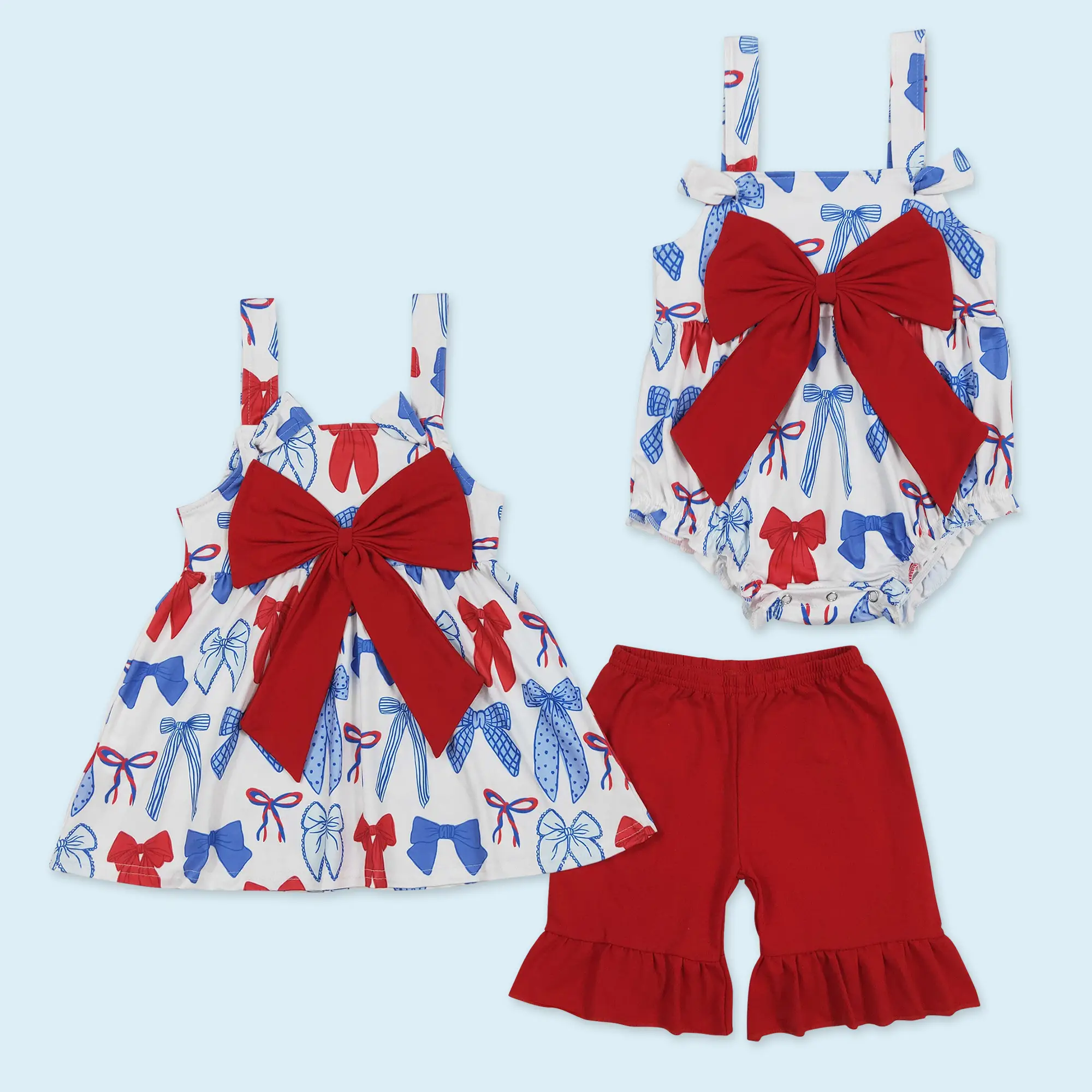 Red blue bow tunic shorts kids girls 4th of July outfits