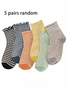 5 Pairs Women's Vintage Boho Plaid Mid-Calf Socks, Cute Colorful Checkered Trim Socks, Ideal for Daily Wear, Teen Girls' Sports & Casual Socks, Bohemian