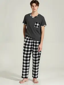 Men's 2-Piece Short Sleeve Long Pants Plaid V-Neck Home Pajama Set, Casual Round Neck Top & Pocketed Pants, Fitted Style