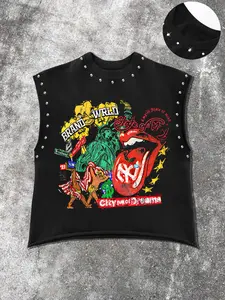 Men's Casual Menswear Vest with Lady Liberty Graphic Print, Retro Vintage Rock Tongue Design, Regular Fit, Fashionable Summer, Versatile Style, Graphic Tank Top