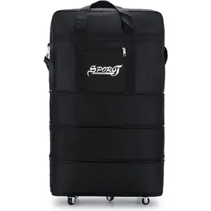 Expandable Extra Large Travel Oxford Duffel Bag with Wheels Waterproof Lightweight Traveling Foldable Suitcase (Black, L)