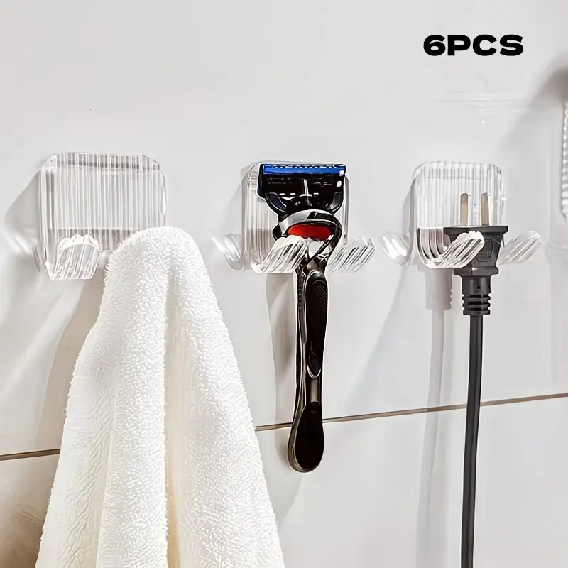 6 pieces of transparent acrylic wall-mounted hooks. Fashionable plastic, easy to install, wall-mounted, suitable for bathrooms, kitchens, bedrooms, wardrobes, for storing towels, keys, razors, etc., multi-functional hooks.