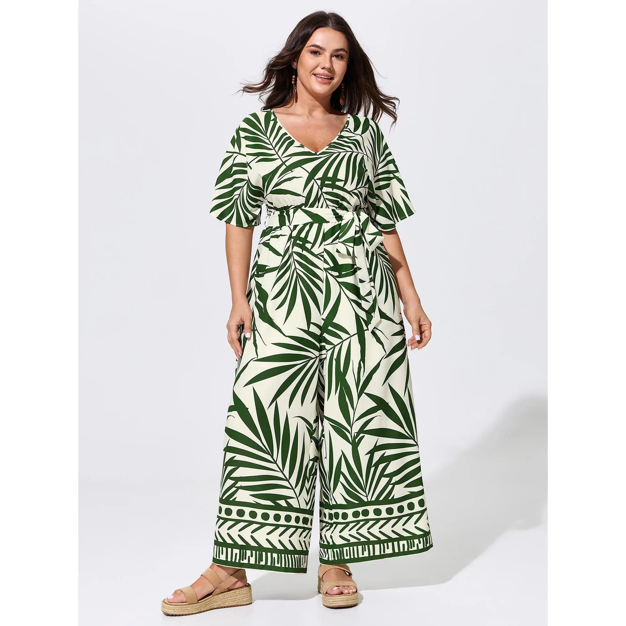BLOOMCHIC Plus Size Tropical Leaf Print Tie Waist Wide Leg Jumpsuit[M-6X] Back To School,Fall Pick