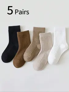 5 Pairs Spring Autumn Melange Socks, Pure Color Thin Mid-Calf Socks, Korean Style Simple Versatile Student Socks, Casual for Girls 1-12 Years