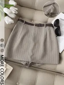 Women's Spring Autumn Striped Skirt Pants High Waist A-Line Wide Leg Shorts No Belt Casual Fitted Plain Style Womenswear