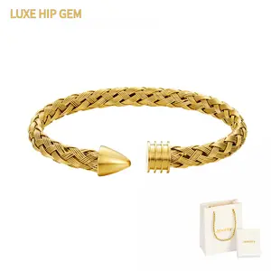 Minimalist 14K Gold Plated 7mm Twisted Cable Braided Rope Open Bangle - Stackable Layered Gold Bracelet