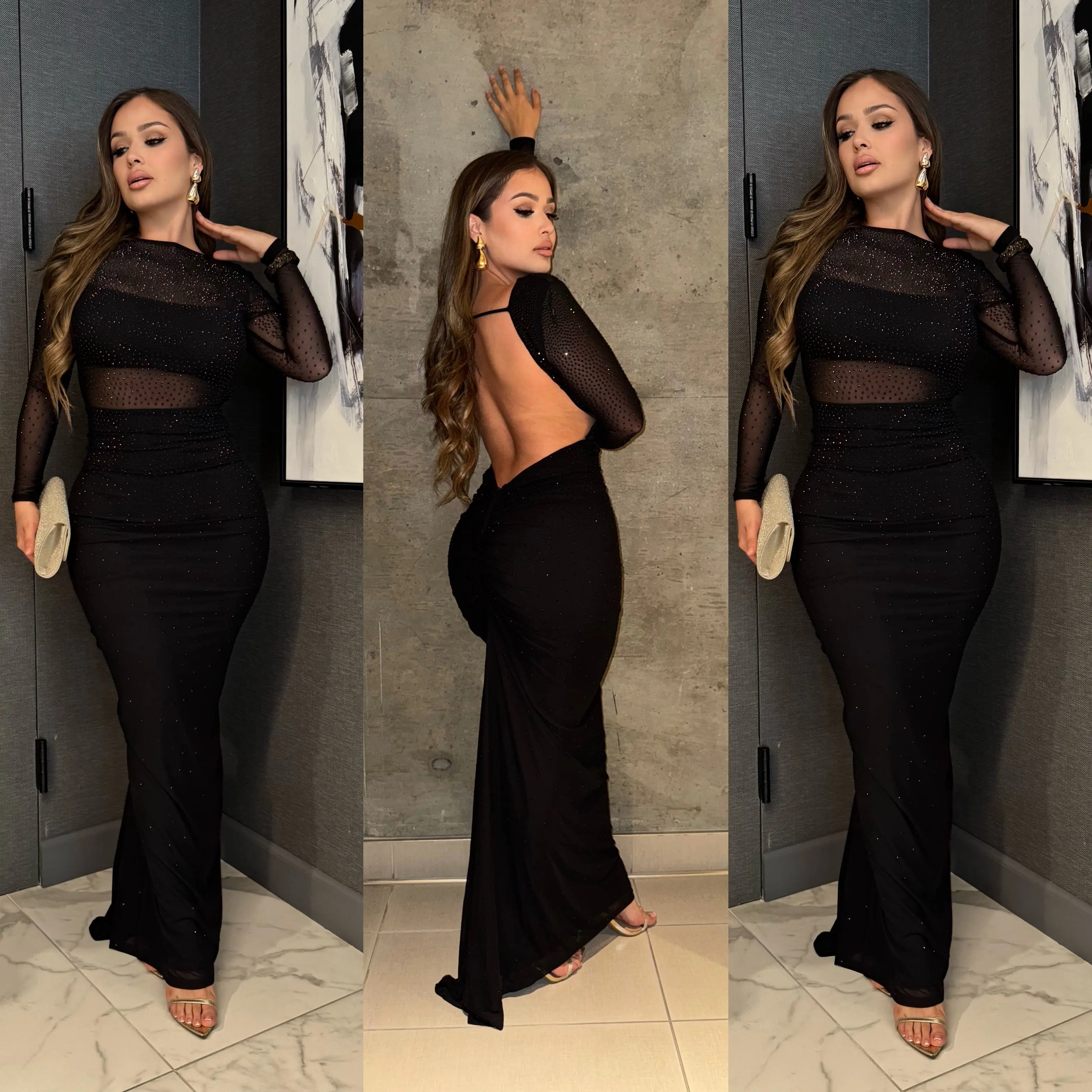 Women's Minimalist Longsleeves Formal Beadless Close-Fit Cut-Out Evening Dress - Polyester-Spandex Fabric, Fluid-Shaped, Flexible, Straight, Formal Wear, Elegant Dresses for Women