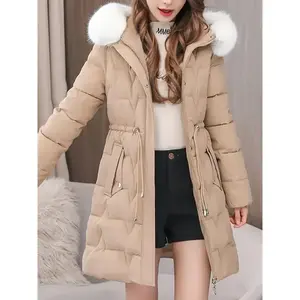 Elegant Women's Winter Coat with Detachable Hood - Long, Warm Puffer Jacket with Faux Fur Trim & Drawstring Waist
