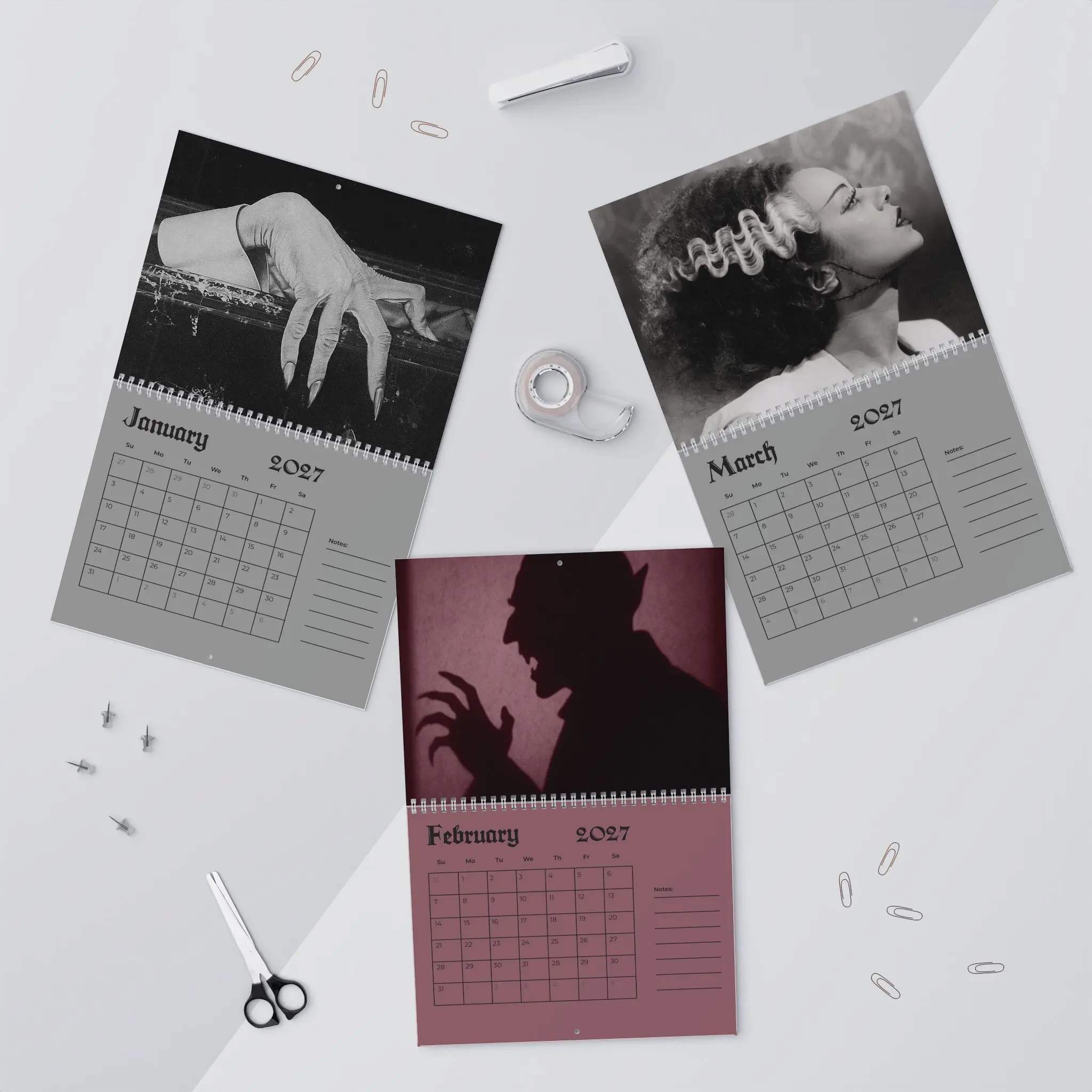 2027 Gothic Old Hollywood Calendar, Monsters Classic Vampire Werewolf 2027 Calendar, Happy New Year Canlendar